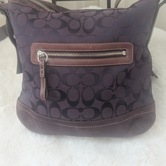 Coach Purple Signature Jacquard Crossbody Hobo Bag Suede Trim Front Zip Pocket - Picture 2 of 11